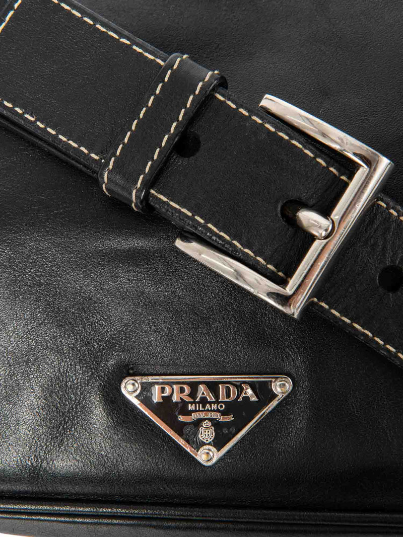 Prada Leather Logo Leather Flap Belt Bag Black Silver-designer resale