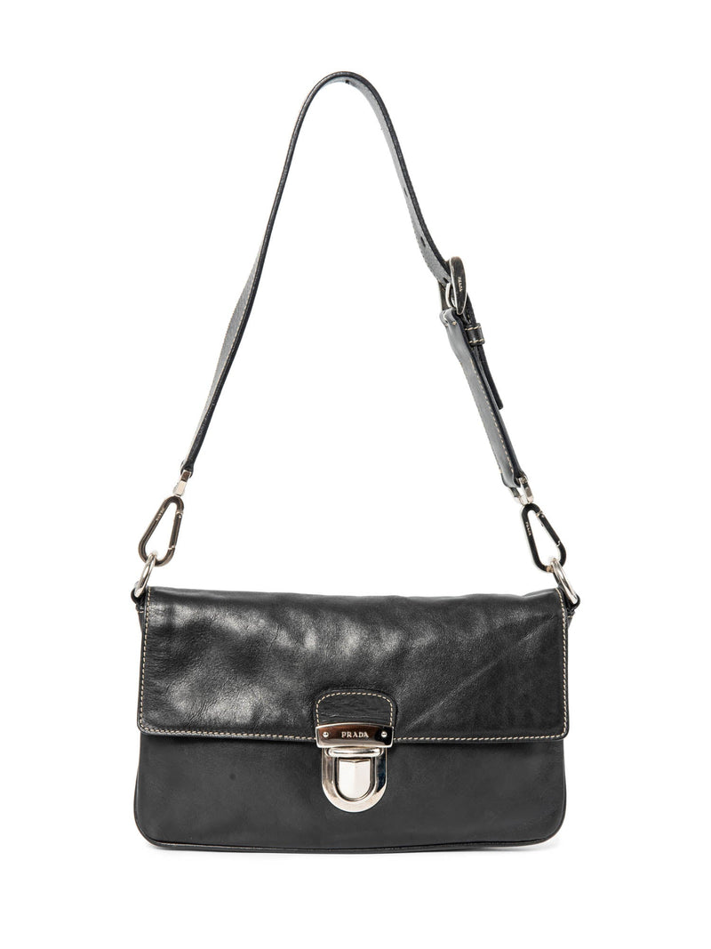 Prada Leather Logo Leather Flap Belt Bag Black Silver-designer resale