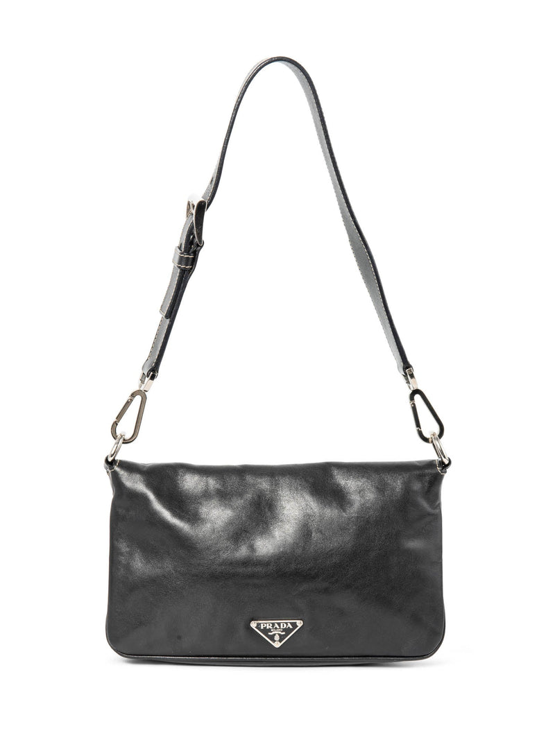 Prada Leather Logo Leather Flap Belt Bag Black Silver-designer resale