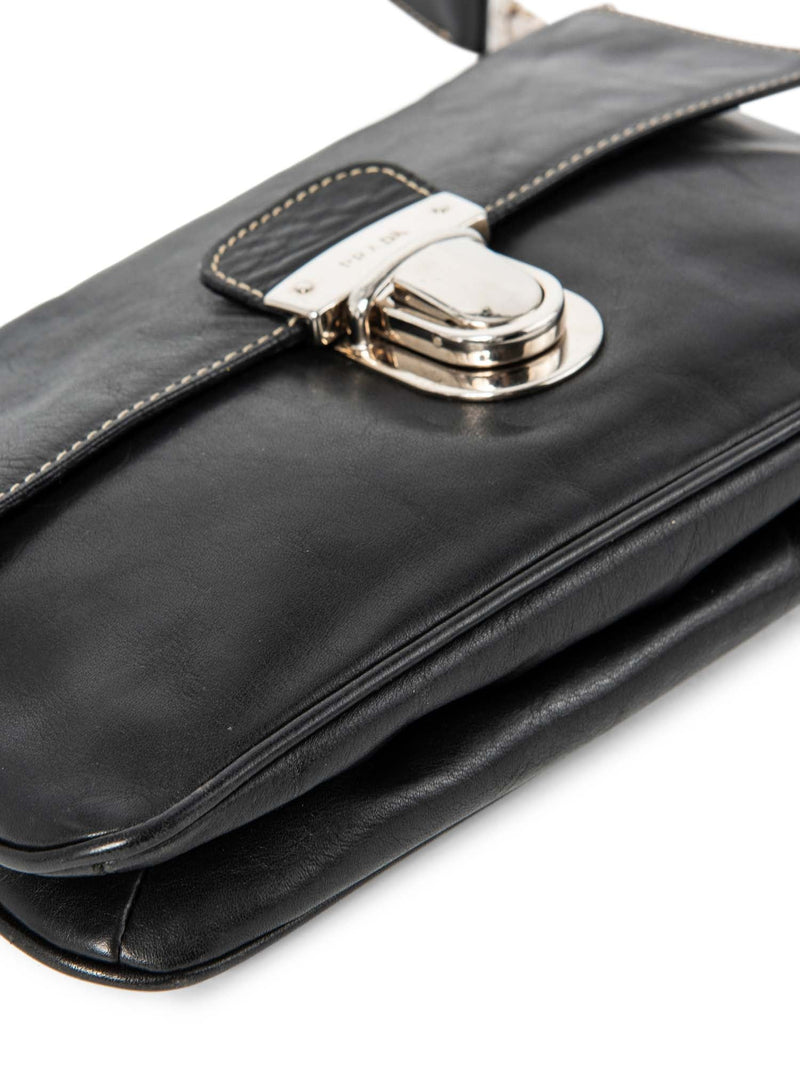 Prada Leather Logo Leather Flap Belt Bag Black Silver-designer resale