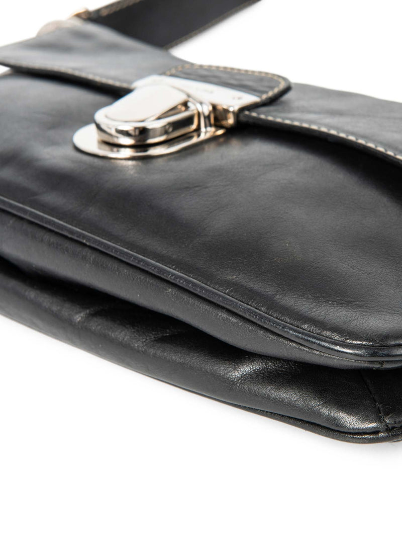 Prada Leather Logo Leather Flap Belt Bag Black Silver-designer resale