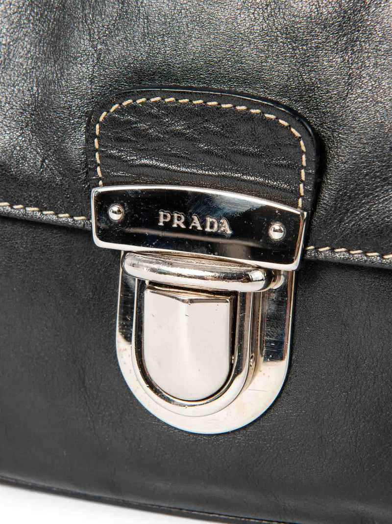 Prada Leather Logo Leather Flap Belt Bag Black Silver-designer resale