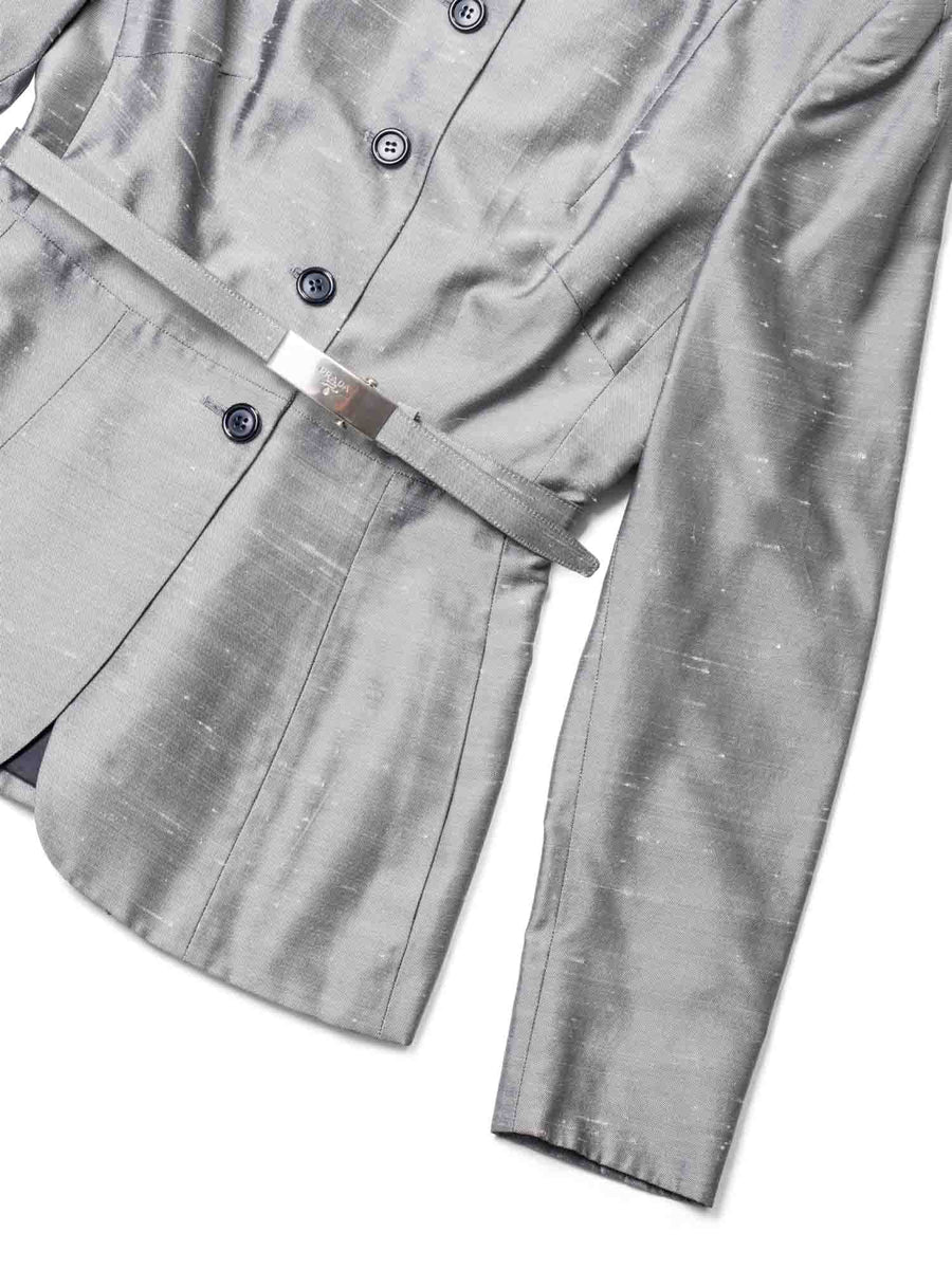 PRADA ロゴプリントジャケット グレー Prada Logo Belted Pocketed Button Up Fitted Jacket Grey