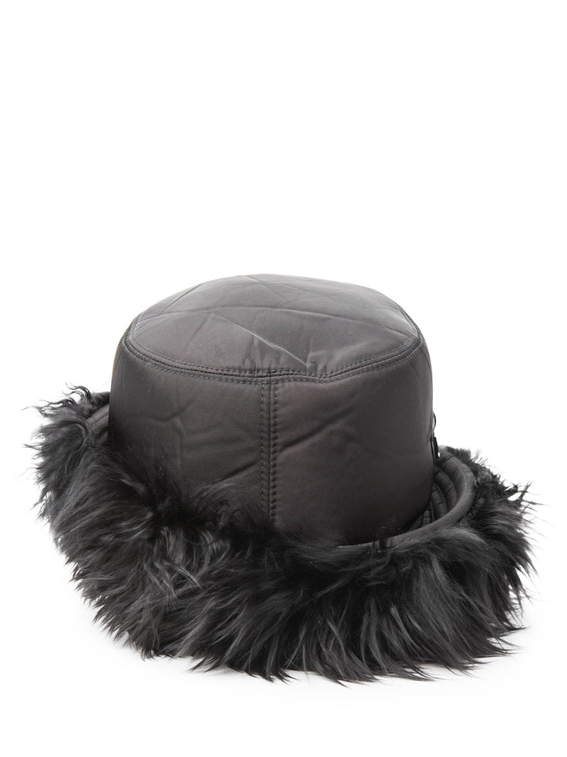 Prada Logo Nylon Fur Lined Bucket Hat Black-designer resale