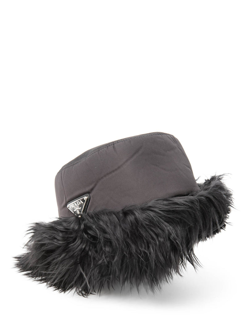 Prada Logo Nylon Fur Lined Bucket Hat Black-designer resale