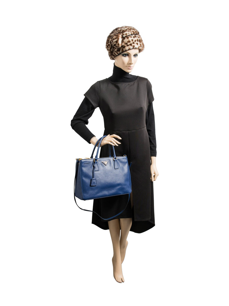 Prada Logo Saffiano Leather Double Zip Shopper Bag Royal Blue-designer resale