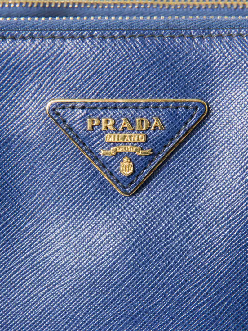 Prada Logo Saffiano Leather Double Zip Shopper Bag Royal Blue-designer resale