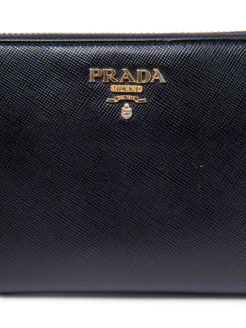 Prada Logo Saffiano Leather Zip Around Wallet Black Pink-designer resale