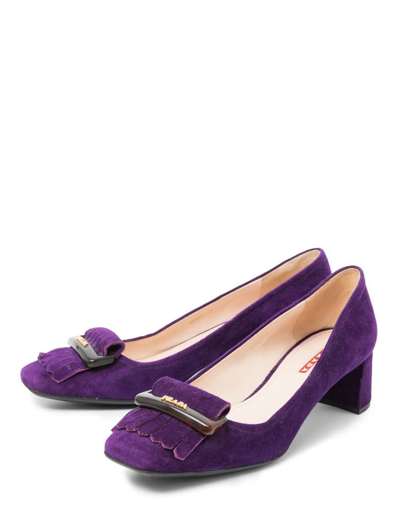 Prada Logo Suede Buckled Tassel Block Heels Purple-designer resale