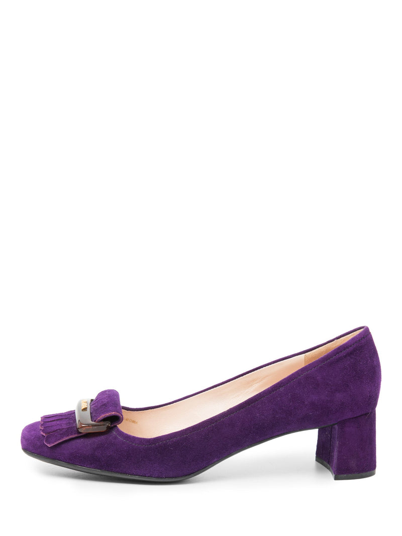 Prada Logo Suede Buckled Tassel Block Heels Purple-designer resale