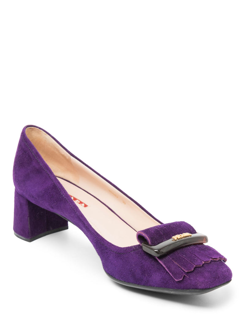 Prada Logo Suede Buckled Tassel Block Heels Purple-designer resale