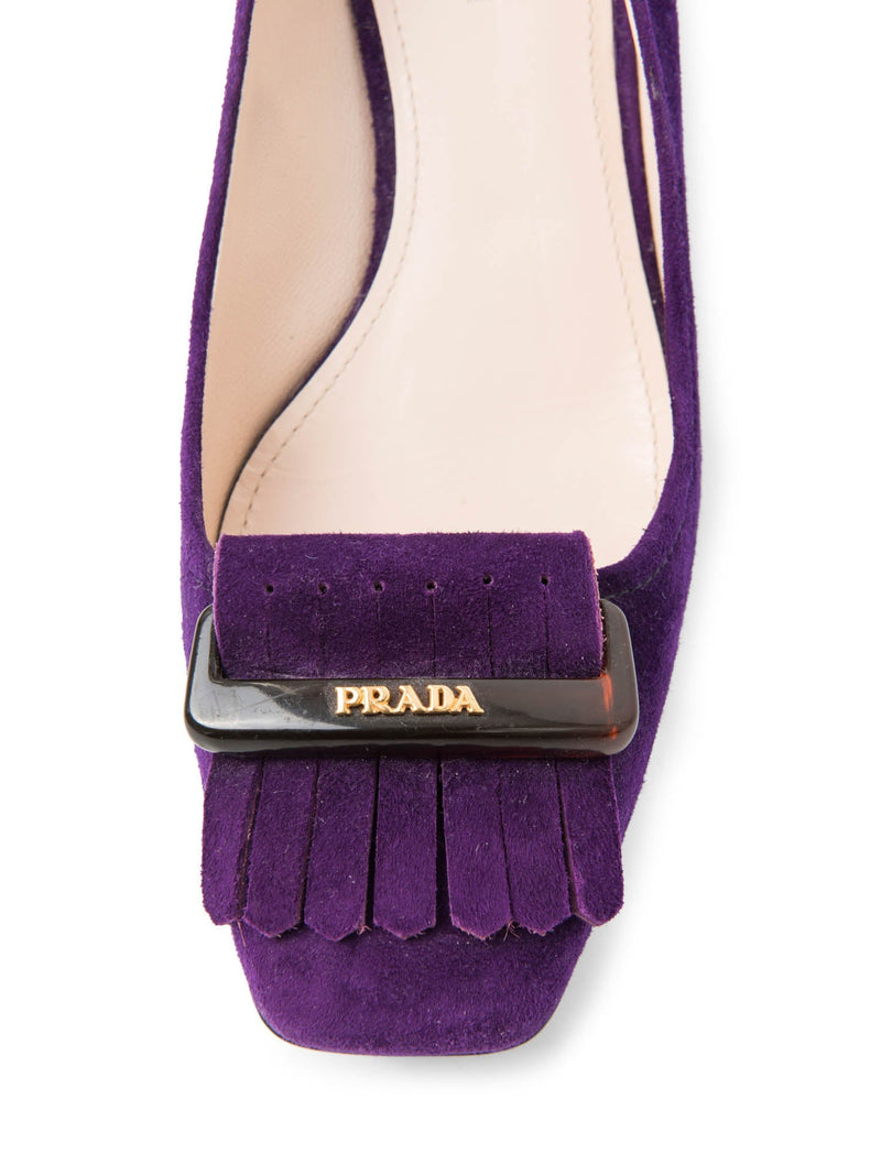 Prada Logo Suede Buckled Tassel Block Heels Purple-designer resale