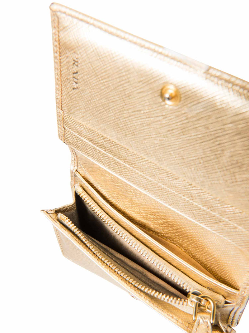 Prada Logo Tessuto Leather Compact Wallet Gold-designer resale
