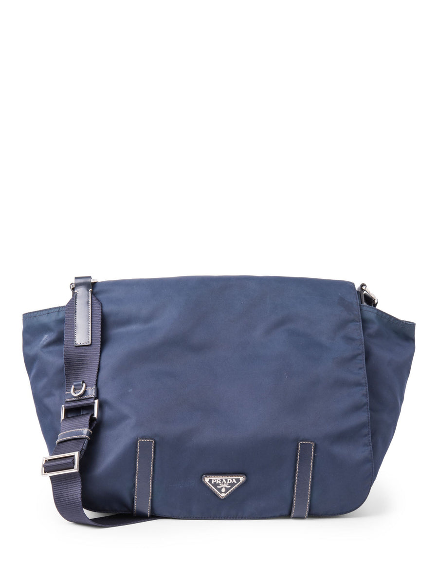 Prada Logo Tessuto Nylon Messenger Bag Navy Blue