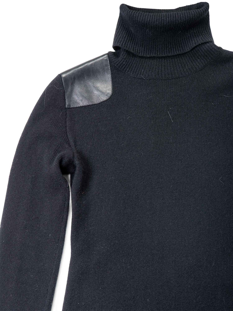 Ralph Lauren Leather Cashmere Knitted Turtle Neck Midi Dress Black-designer resale
