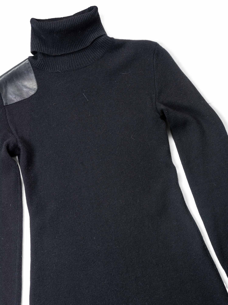 Ralph Lauren Leather Cashmere Knitted Turtle Neck Midi Dress Black-designer resale