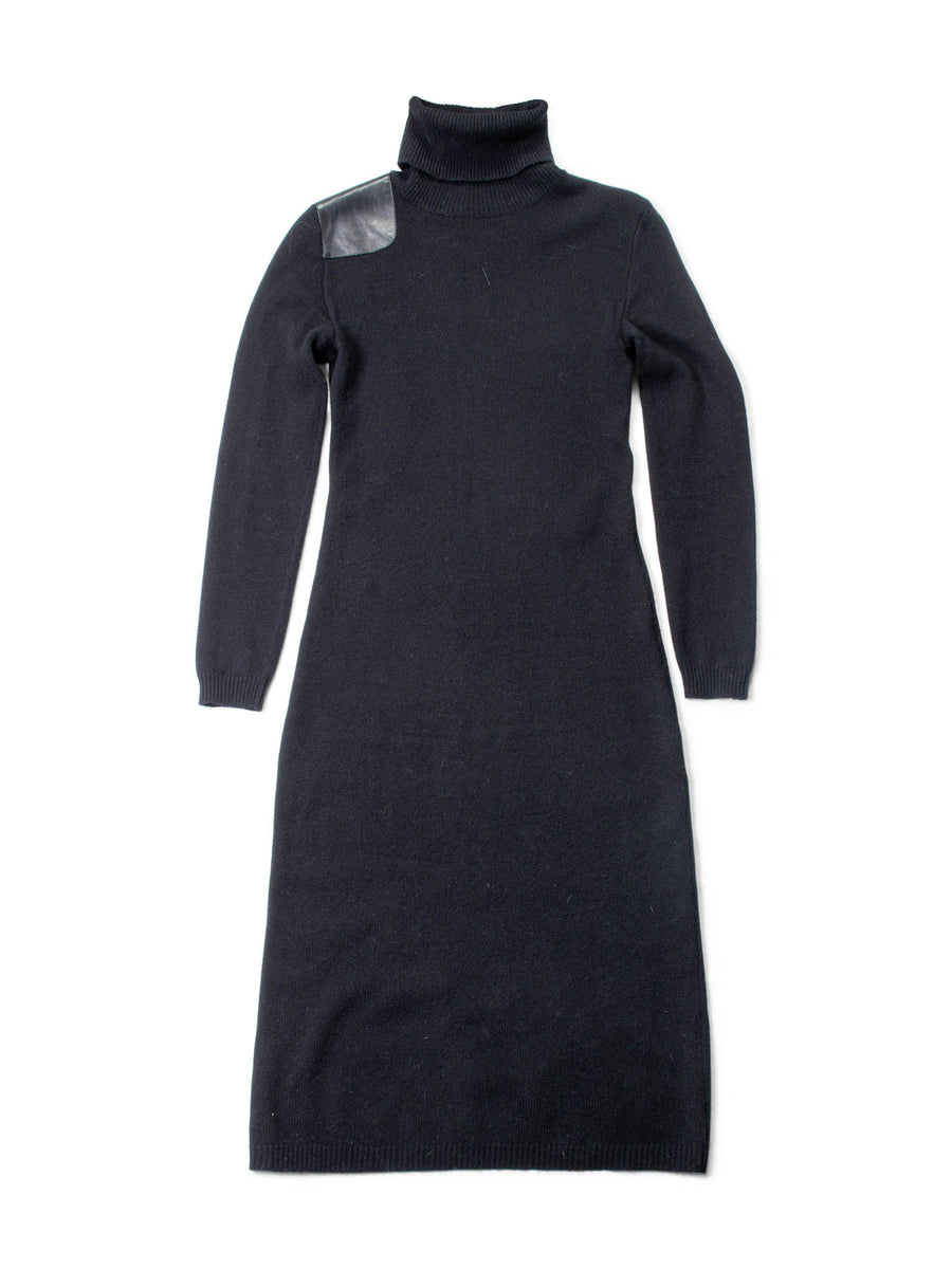 Ralph Lauren Leather Cashmere Knitted Turtle Neck Midi Dress Black
