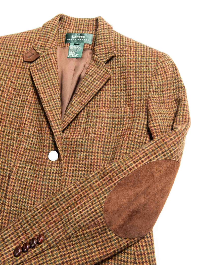 Ralph Lauren Vintage Houndstooth Tweed Suede Buttoned Rider Jacket Brown-designer resale