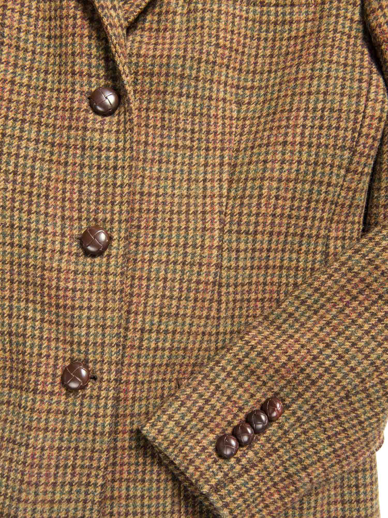 Ralph Lauren Vintage Houndstooth Tweed Suede Buttoned Rider Jacket Brown-designer resale