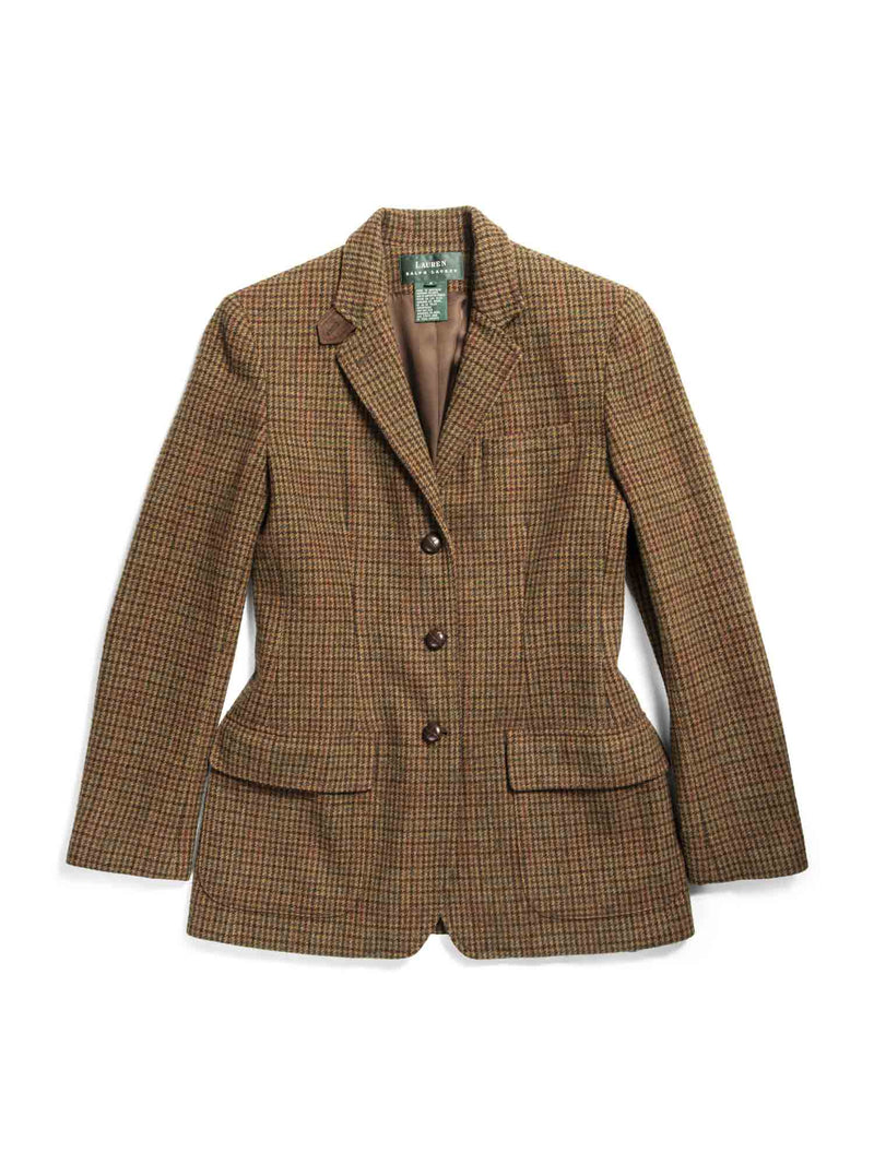 Ralph Lauren Vintage Houndstooth Tweed Suede Buttoned Rider Jacket Brown-designer resale