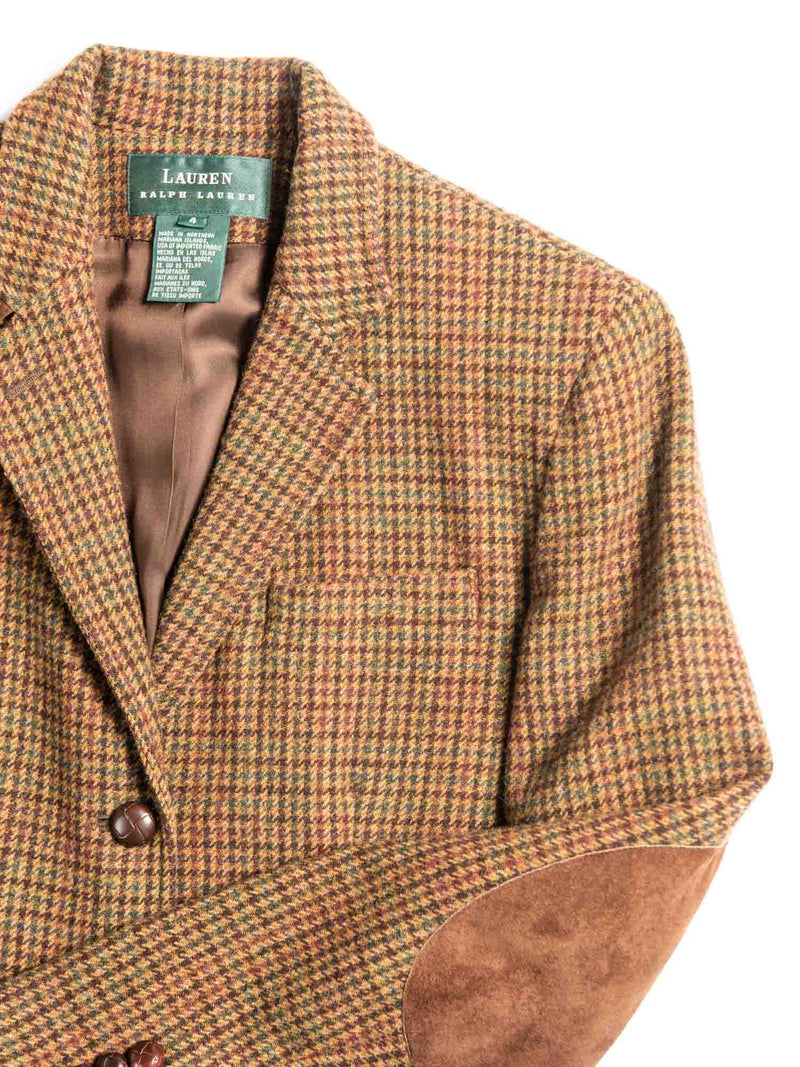 Ralph Lauren Vintage Houndstooth Tweed Suede Buttoned Rider Jacket Brown-designer resale