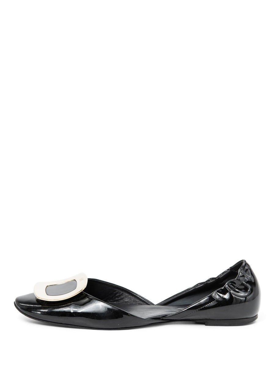 Roger Vivier Patent Leather Buckle Ballet Flat Shoes Black Gold