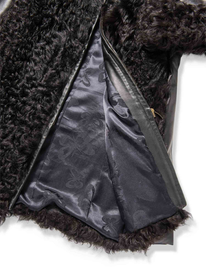 Saks Fifth Avenue Lamb Fur Leather Coat Black-designer resale