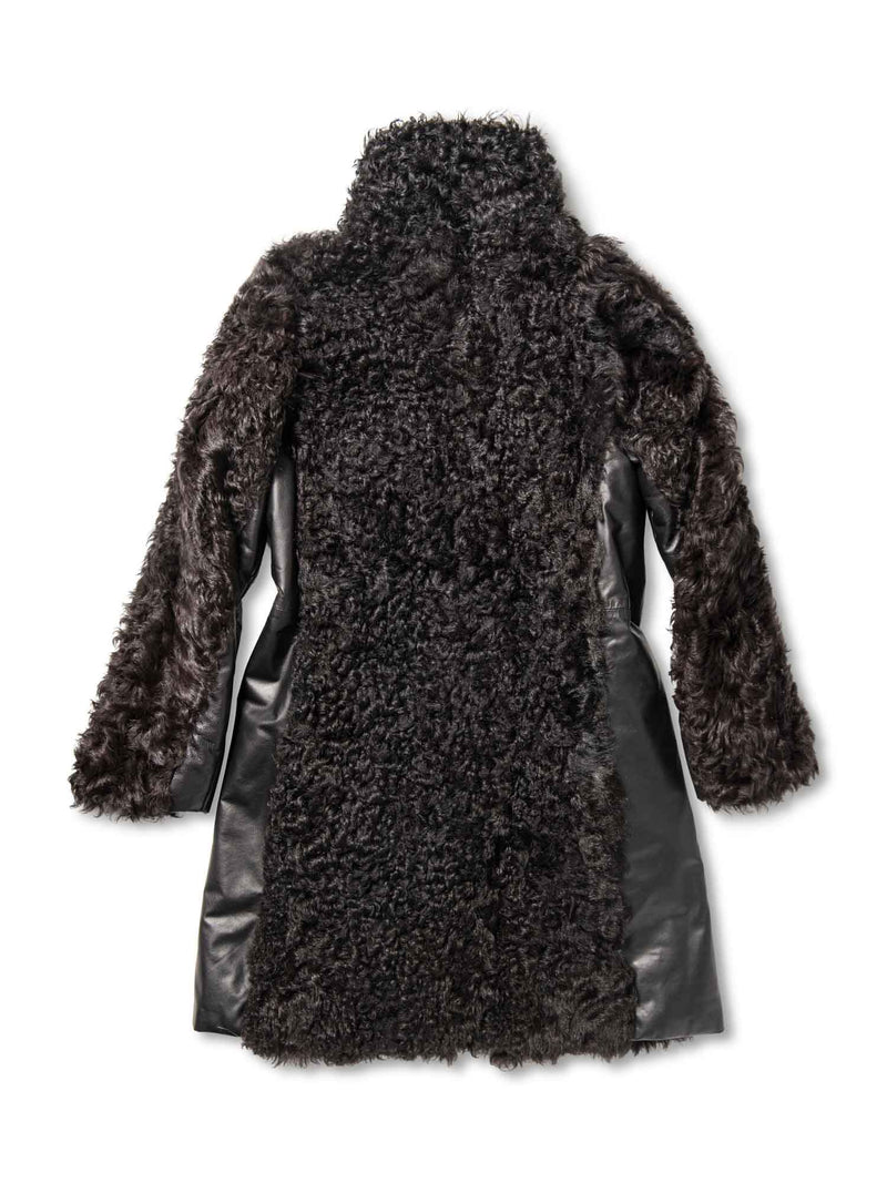 Saks Fifth Avenue Lamb Fur Leather Coat Black-designer resale