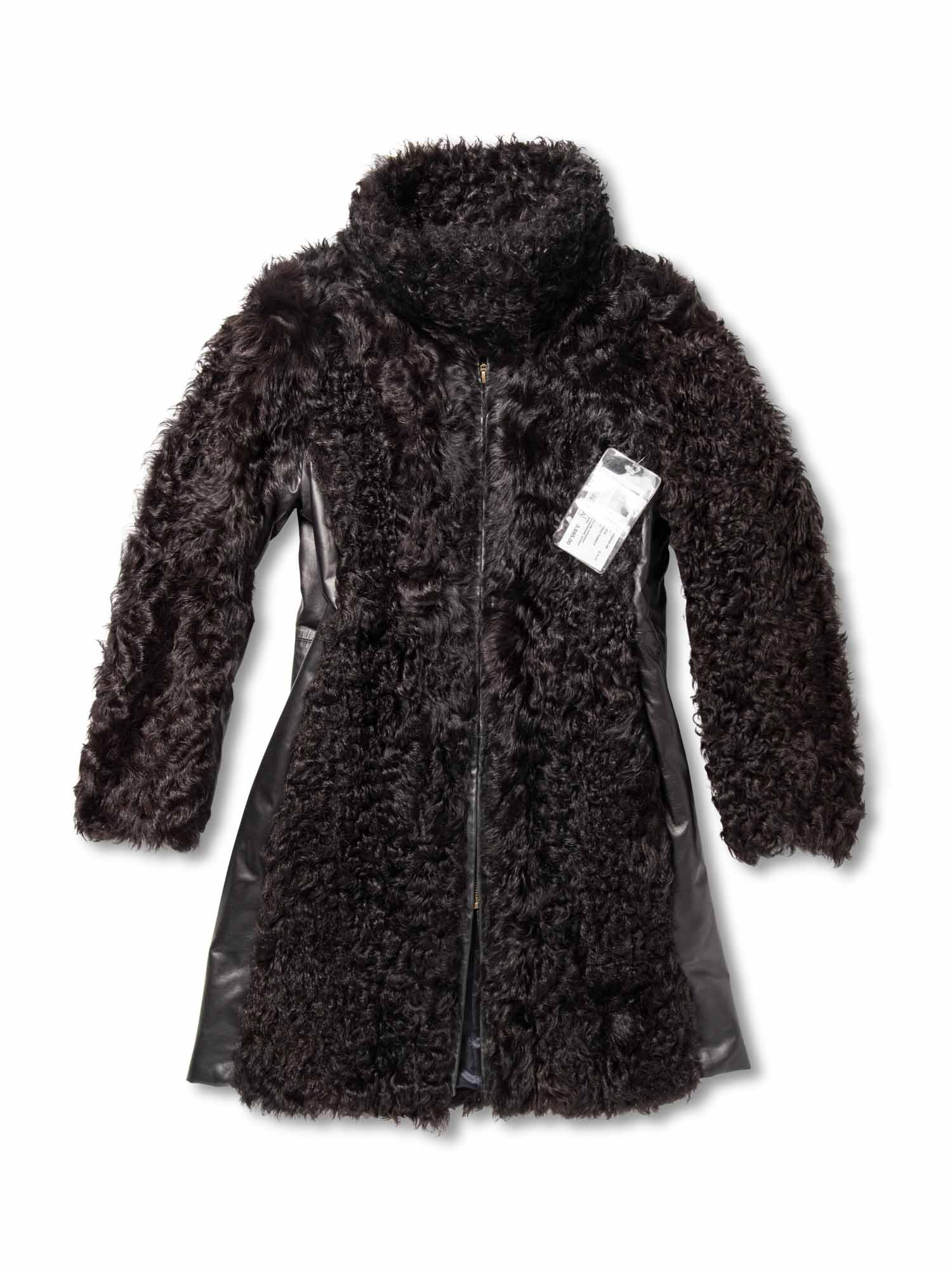 Saks Fifth Avenue Lamb Fur Leather Coat Black-designer resale