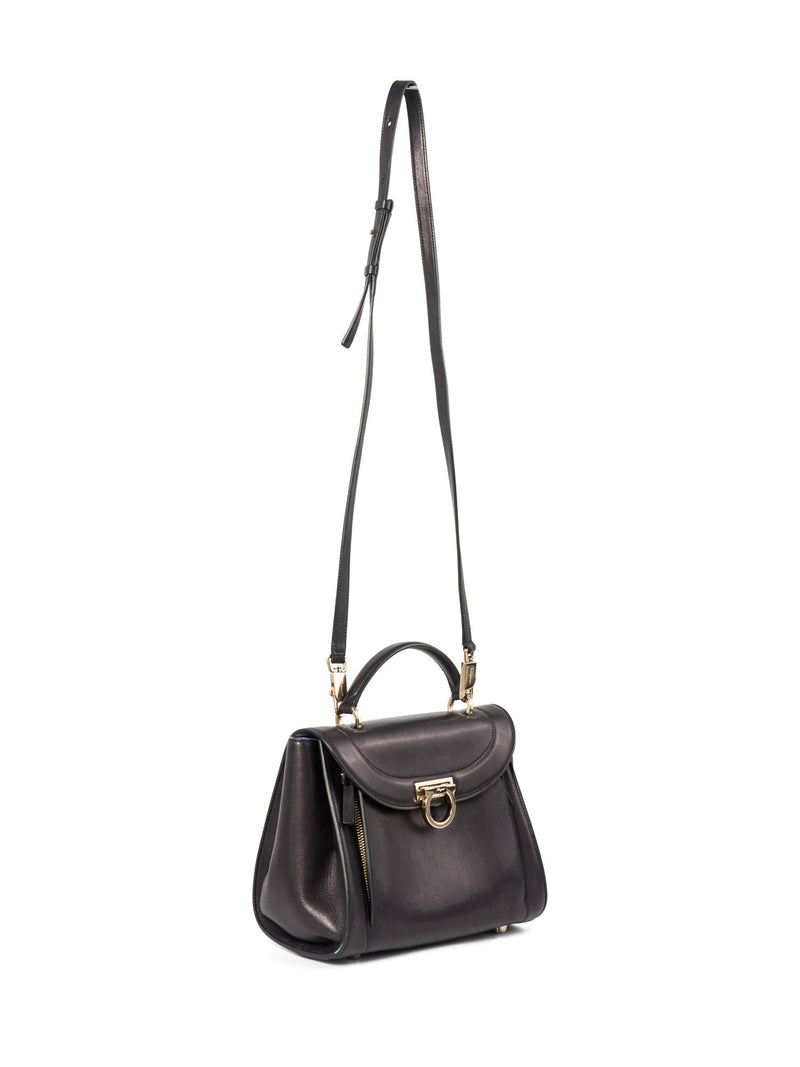 Salvatore Ferragamo Leather Ganchini Buckle Top Handle Flap Bag Black-designer resale