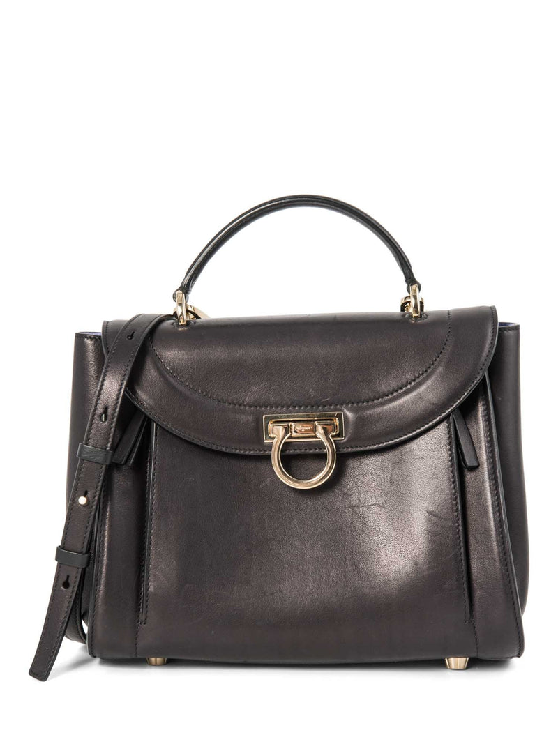 Salvatore Ferragamo Leather Ganchini Buckle Top Handle Flap Bag Black-designer resale