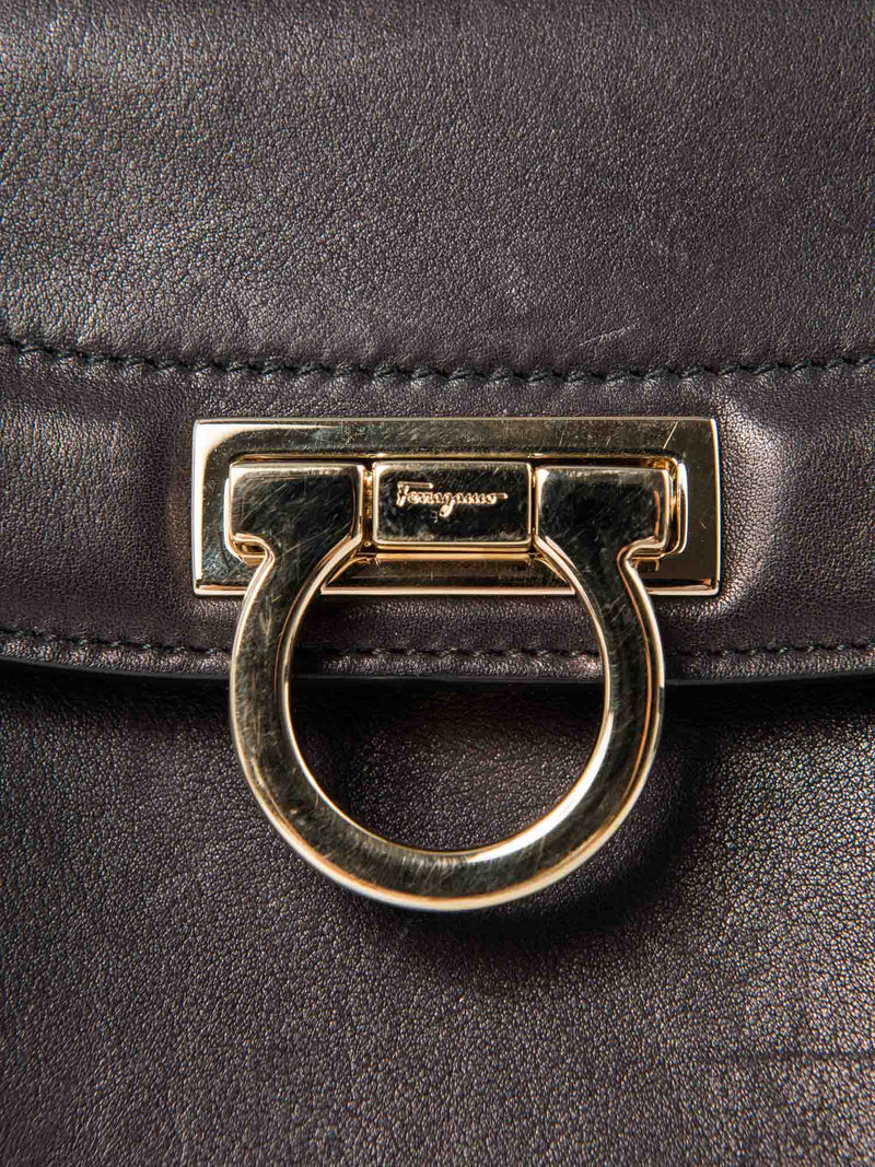 Salvatore Ferragamo Leather Ganchini Buckle Top Handle Flap Bag Black-designer resale