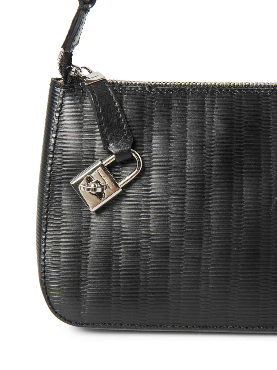 Salvatore Ferragamo Logo Leather Lock Pochette Black Silver