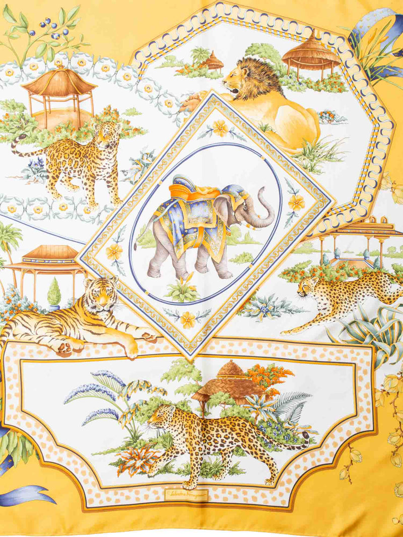 Salvatore Ferragamo Silk Safari Tiger Elephant Scarf Yellow-designer resale