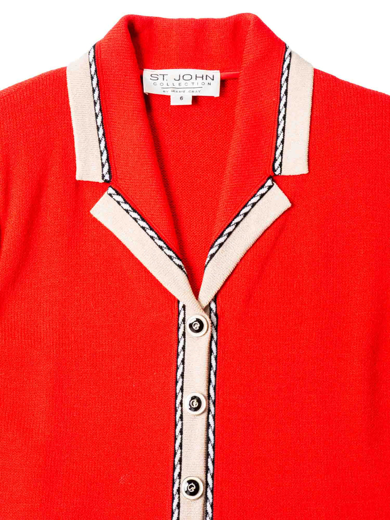 St. John Logo Tweed Knit Buttoned Cardigan Red Beige Gold-designer resale