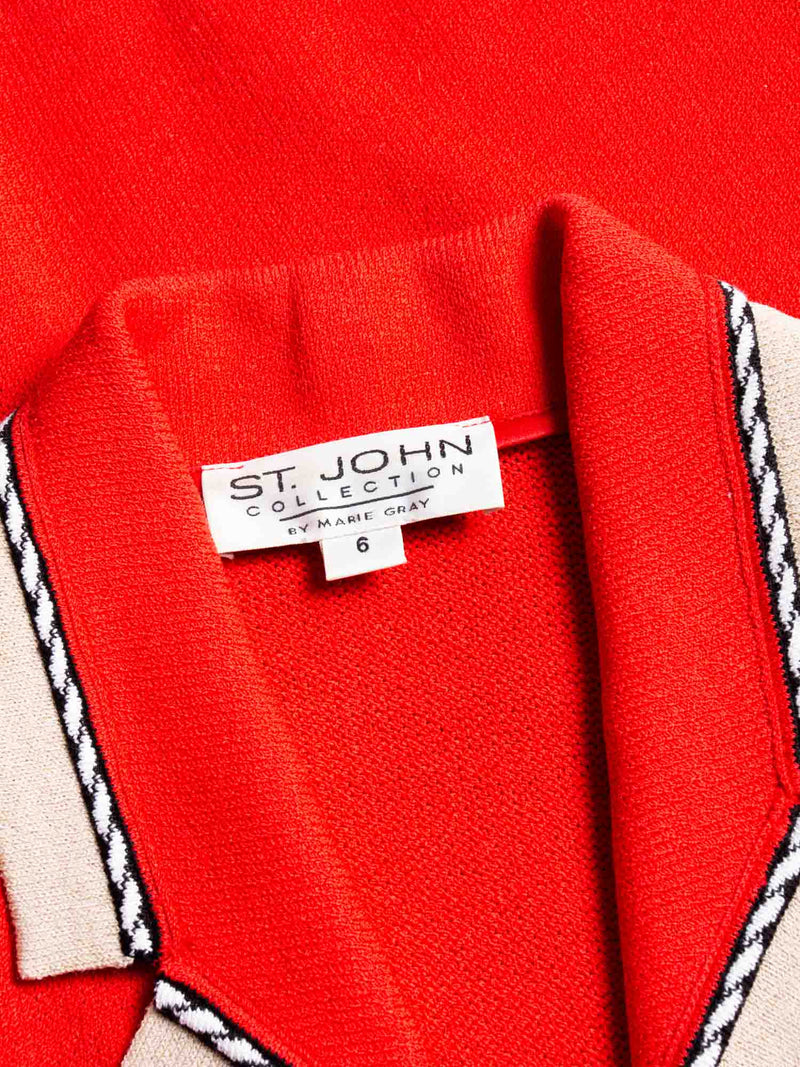 St. John Logo Tweed Knit Buttoned Cardigan Red Beige Gold-designer resale