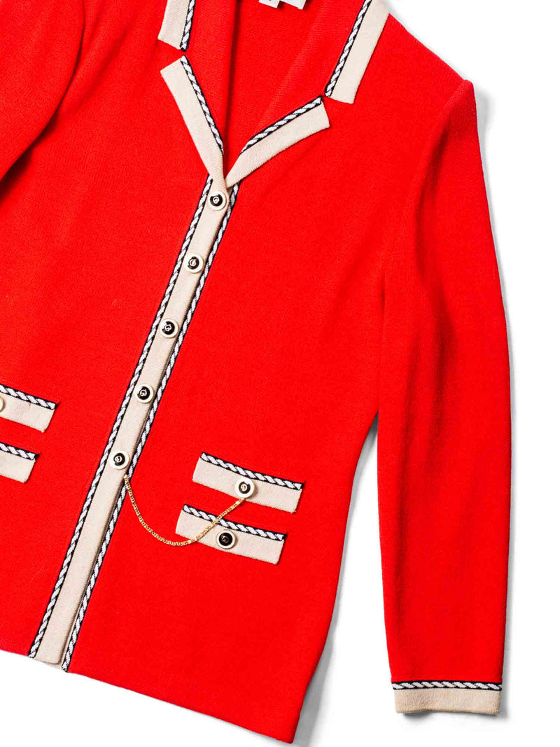 St. John Logo Tweed Knit Buttoned Cardigan Red Beige Gold-designer resale