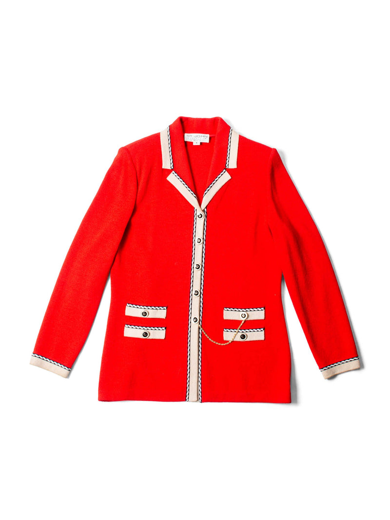 St. John Logo Tweed Knit Buttoned Cardigan Red Beige Gold-designer resale