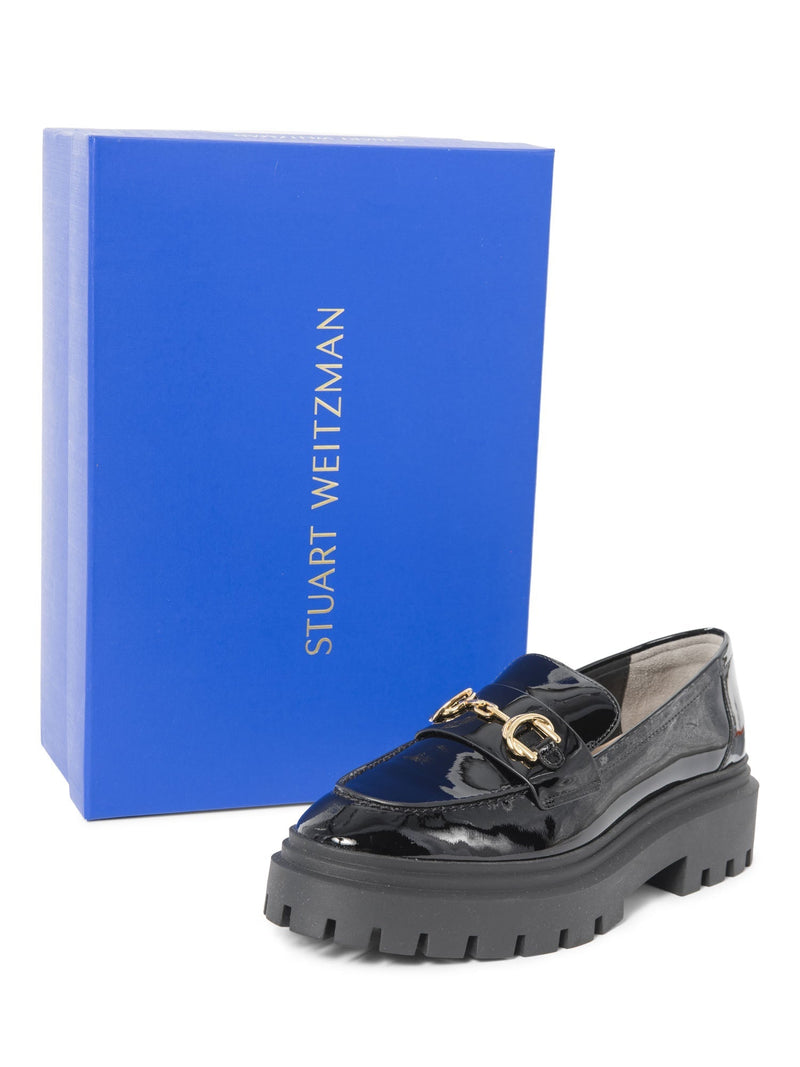 Stuart Weitzman Patent Leather Gold Horsebit Platform Loafers Black-designer resale