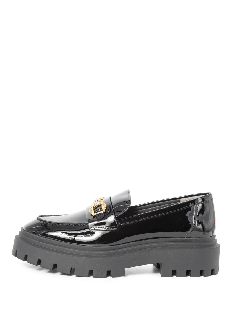Stuart Weitzman Patent Leather Gold Horsebit Platform Loafers Black-designer resale