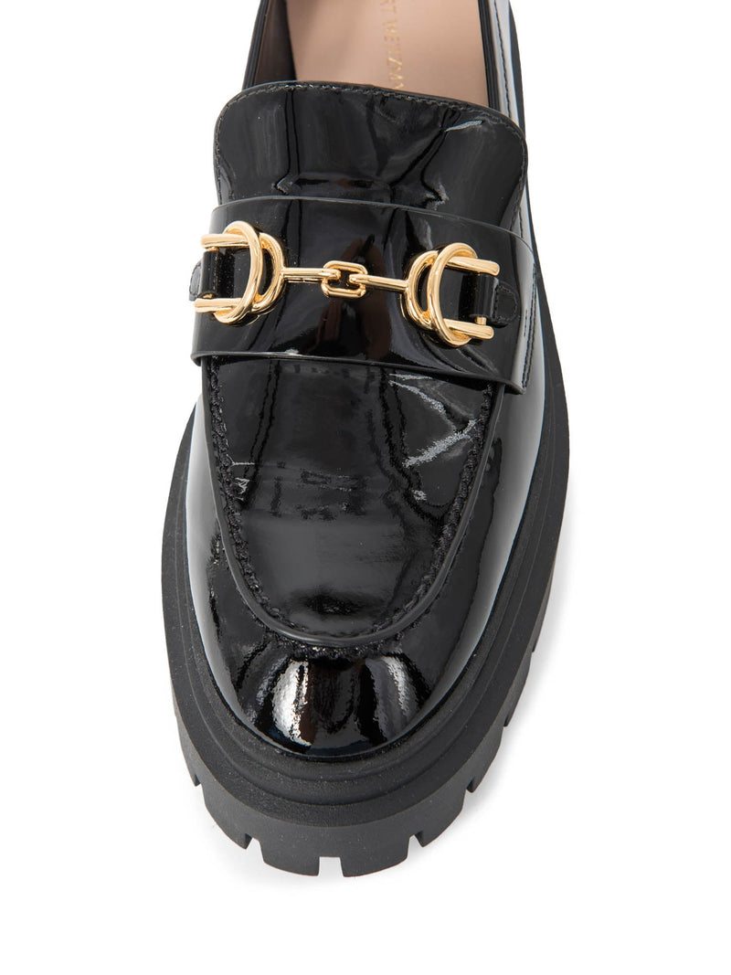Stuart Weitzman Patent Leather Gold Horsebit Platform Loafers Black-designer resale