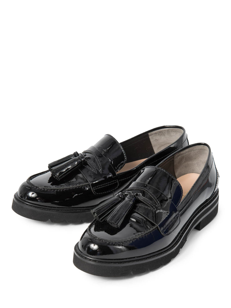 Stuart Weitzman Patent Leather Tassel Adrina Loafers Black-designer resale
