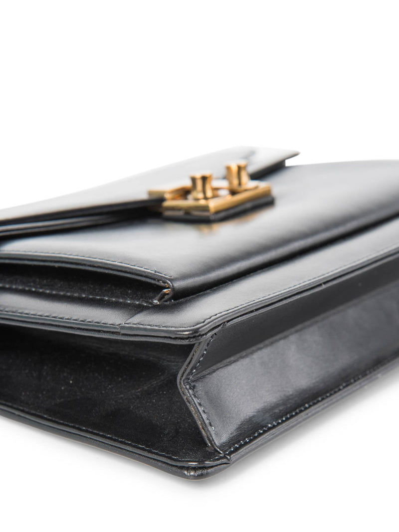 Tiffany & Co. Vintage Leather T Logo Buckle Messenger Flap Bag Black Gold-designer resale