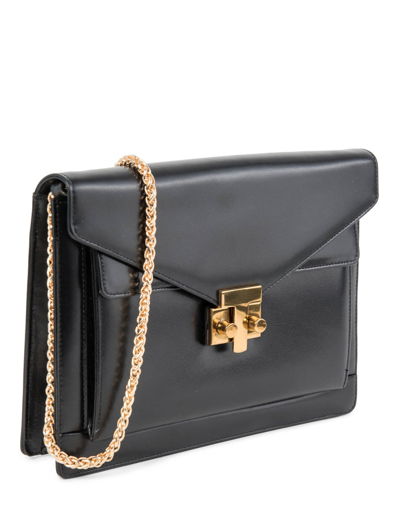 Tiffany & Co. Vintage Leather T Logo Buckle Messenger Flap Bag Black Gold-designer resale