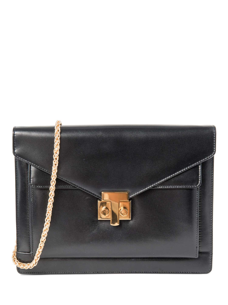 Tiffany & Co. Vintage Leather T Logo Buckle Messenger Flap Bag Black Gold-designer resale