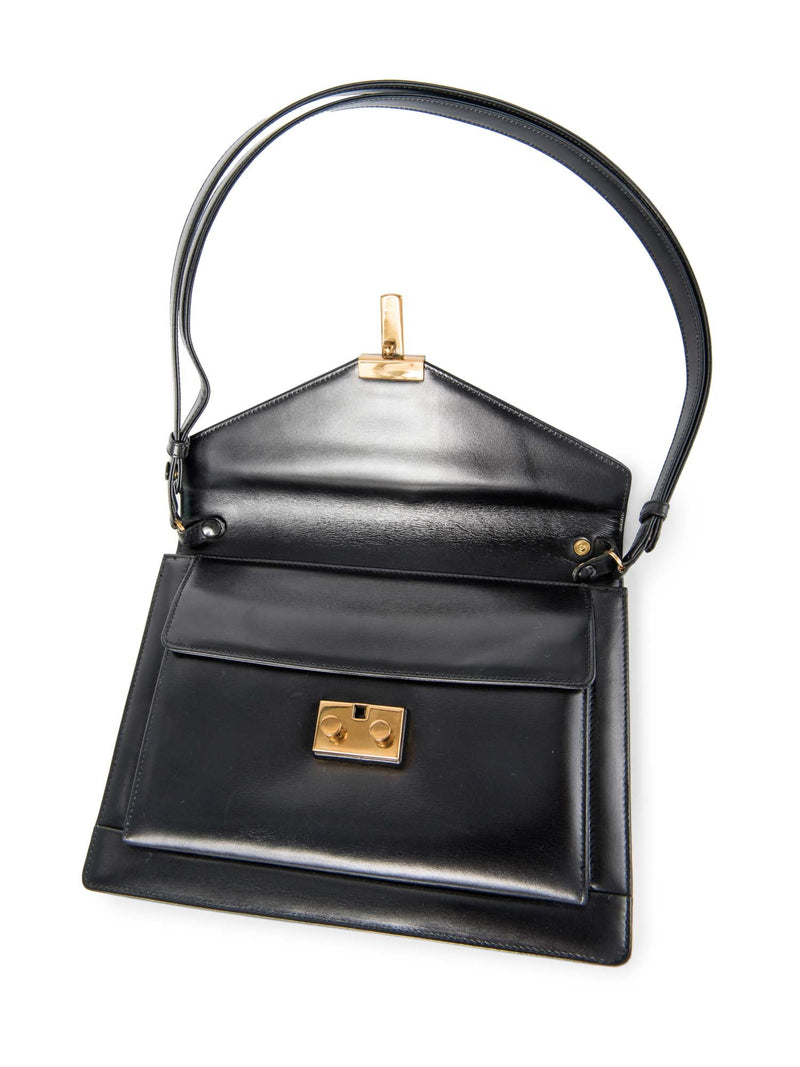 Tiffany & Co. Vintage Leather T Logo Buckle Messenger Flap Bag Black Gold-designer resale