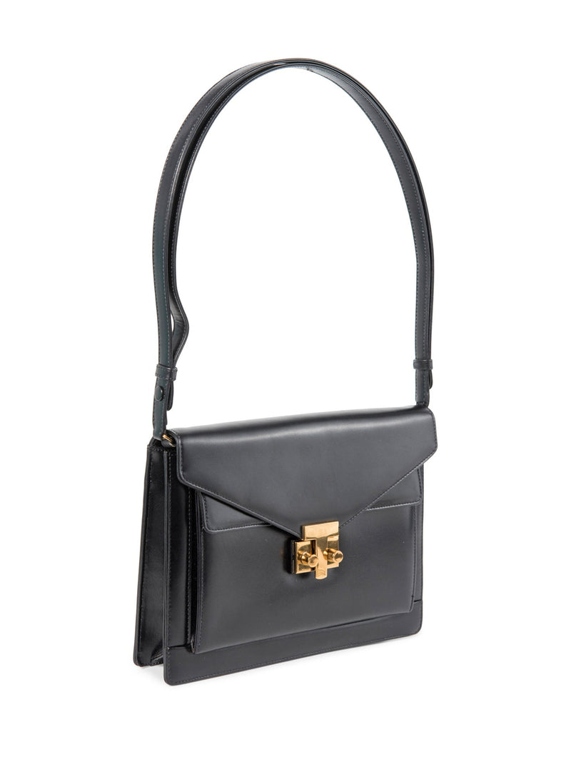 Tiffany & Co. Vintage Leather T Logo Buckle Messenger Flap Bag Black Gold-designer resale