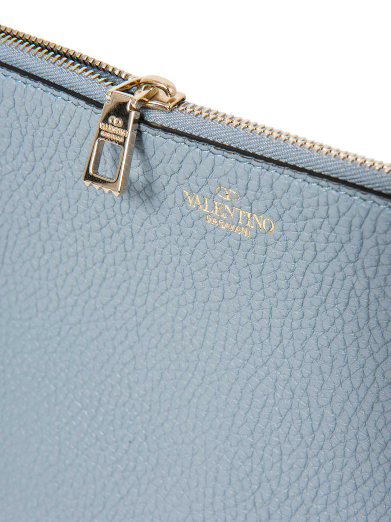 Valentino Logo Leather Rockstud Zippered Clutch Blue Gold-designer resale