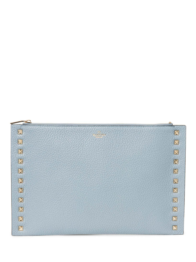 Valentino Logo Leather Rockstud Zippered Clutch Blue Gold-designer resale