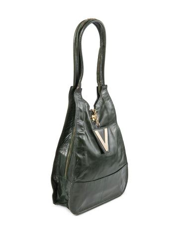 Valentino by Mario Vintage Leather Logo Zippered Hobo Bag with Wallet Green-designer resale